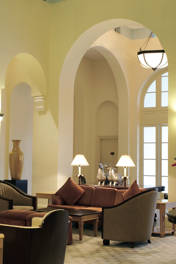 The lobby in Phnom Penh is undergoing a discreet transformation with updated lighting and restored furniture.