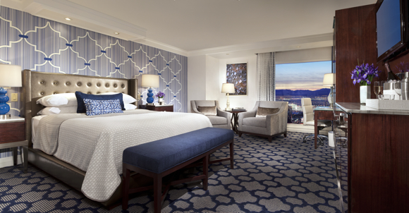 A Resort King Room in the indigo-and-silver color palette. Photos used courtesy of Bellagio