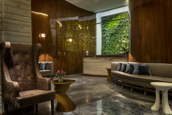 Vertical gardens are positioned throughout the hotel’s ground floor starting with a horticultural structure behind the check-in desk.