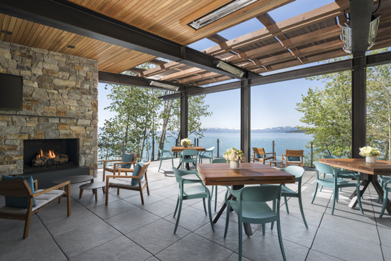 The upper-level dining deck at the Lake House